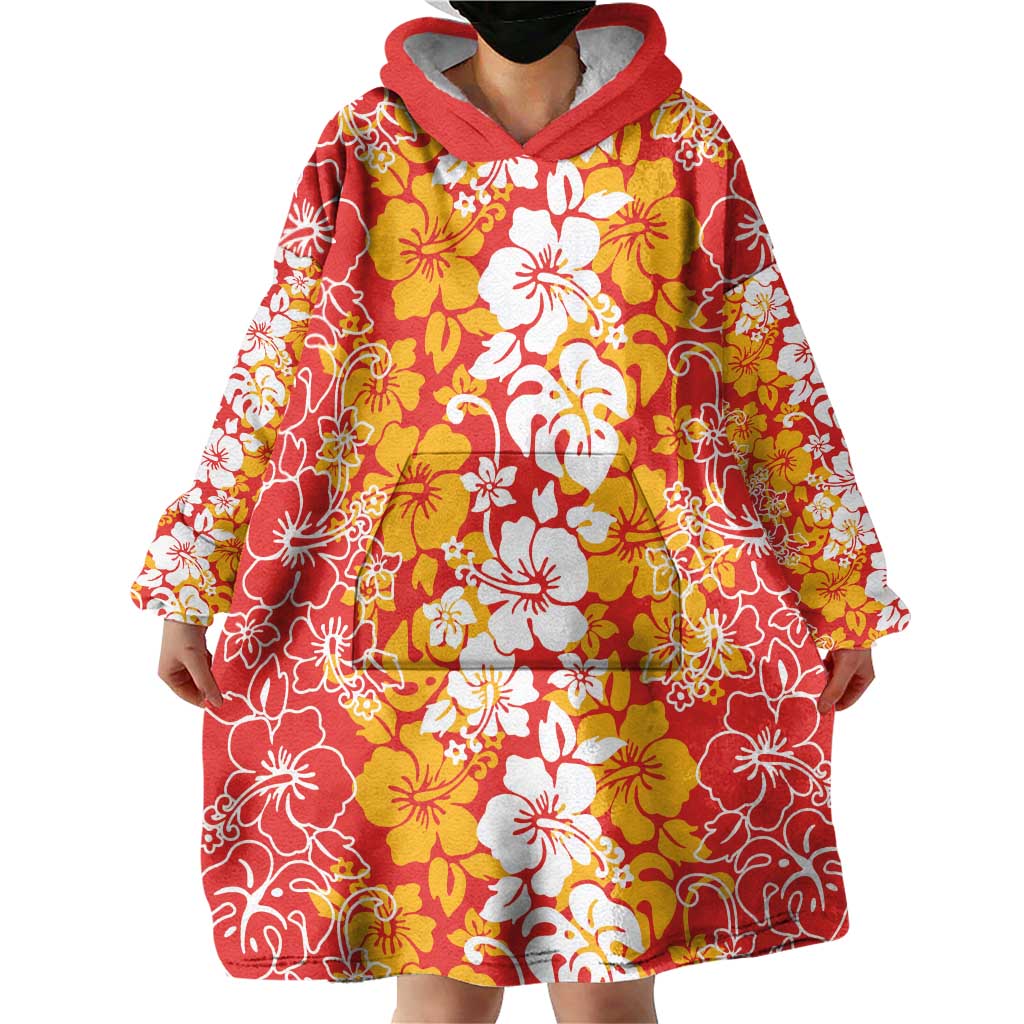 Hawaiian Lei Day Wearable Blanket Hoodie Red Hibiscus Flowers Lei Art LT9 - Polynesian Pride