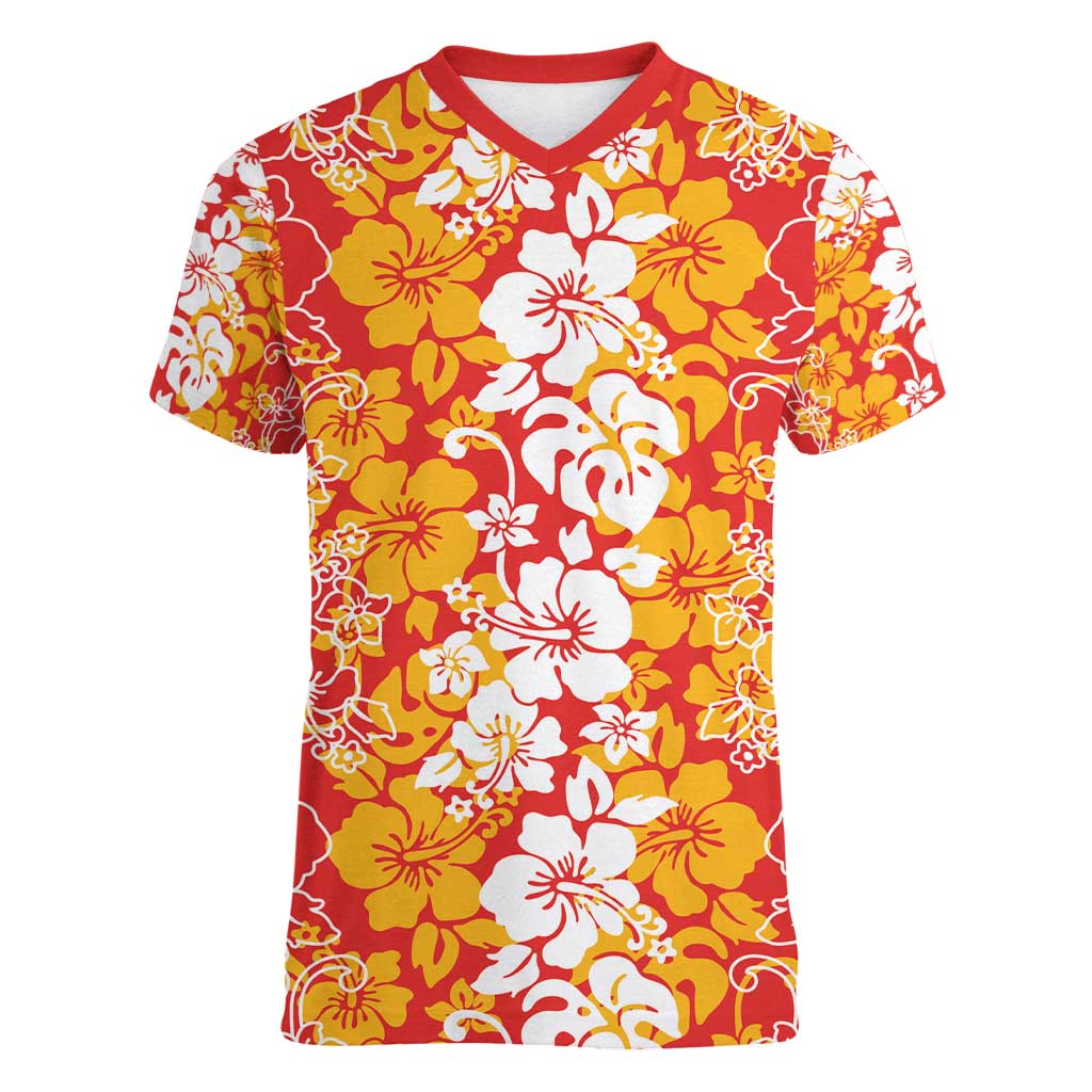 Hawaiian Lei Day Women V-Neck T-Shirt Red Hibiscus Flowers Lei Art LT9 Female Red - Polynesian Pride