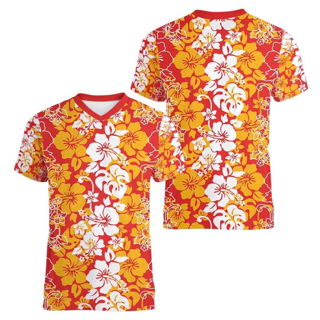 Hawaiian Lei Day Women V-Neck T-Shirt Red Hibiscus Flowers Lei Art LT9 - Polynesian Pride