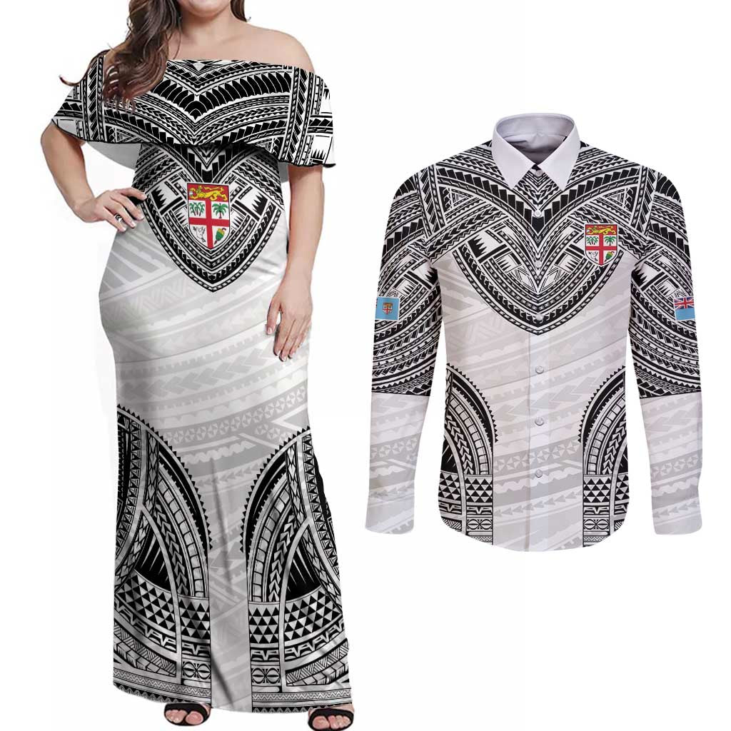 Flying Fijians Pacific Fiji Rugby Custom Couples Matching Off Shoulder Maxi Dress and Long Sleeve Button Shirt Polynesian Pattern