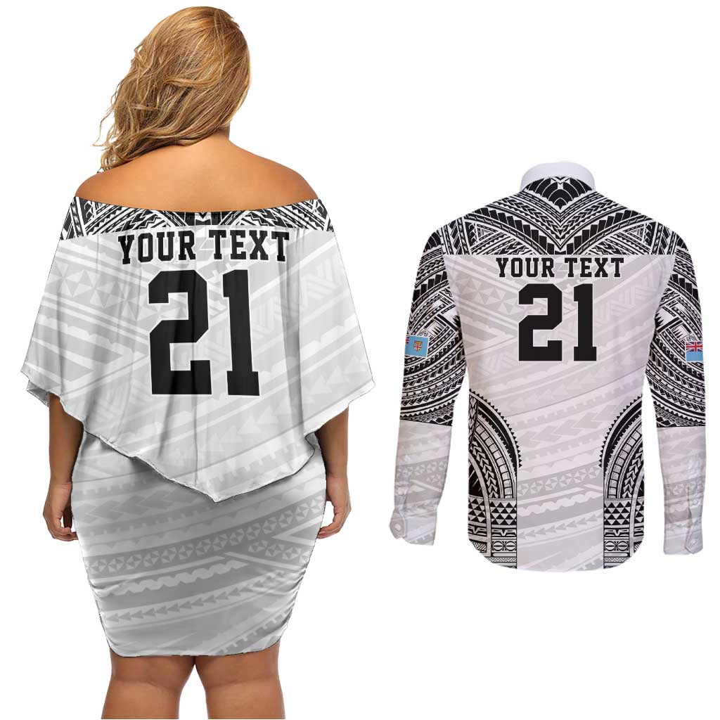 Flying Fijians Pacific Fiji Rugby Custom Couples Matching Off Shoulder Short Dress and Long Sleeve Button Shirt Polynesian Pattern