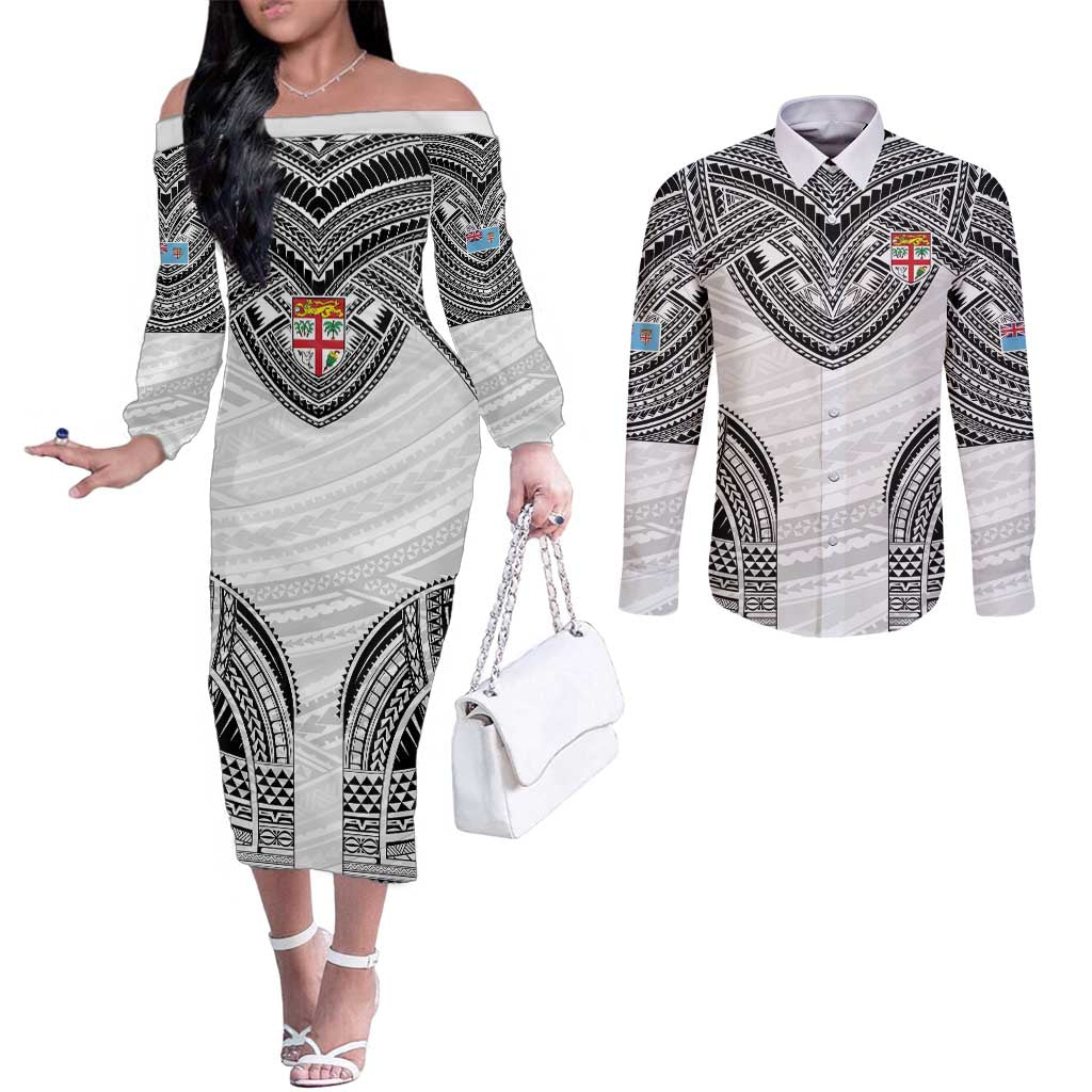 Flying Fijians Pacific Fiji Rugby Custom Couples Matching Off The Shoulder Long Sleeve Dress and Long Sleeve Button Shirt Polynesian Pattern