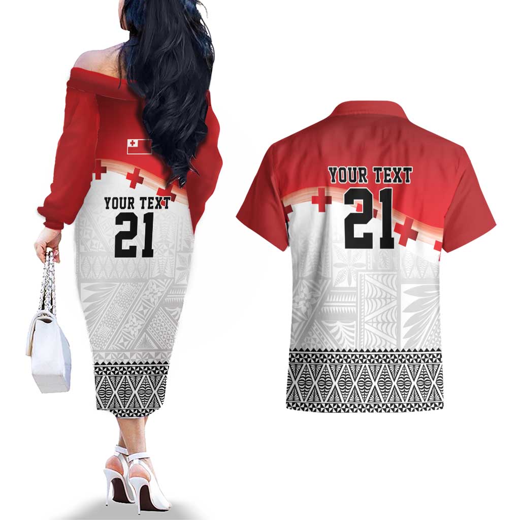 Ikale Tahi Pacific Tonga Rugby Custom Couples Matching Off The Shoulder Long Sleeve Dress and Hawaiian Shirt Tongan Ngatu with Flag Pattern