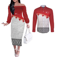 Ikale Tahi Pacific Tonga Rugby Custom Couples Matching Off The Shoulder Long Sleeve Dress and Long Sleeve Button Shirt Tongan Ngatu with Flag Pattern