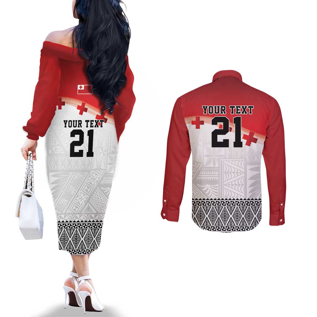 Ikale Tahi Pacific Tonga Rugby Custom Couples Matching Off The Shoulder Long Sleeve Dress and Long Sleeve Button Shirt Tongan Ngatu with Flag Pattern