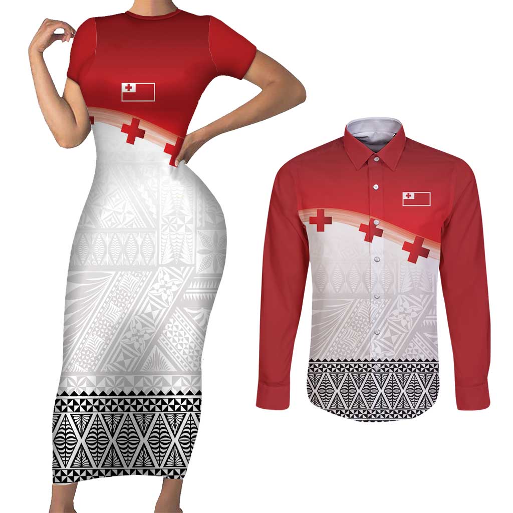 Ikale Tahi Pacific Tonga Rugby Custom Couples Matching Short Sleeve Bodycon Dress and Long Sleeve Button Shirt Tongan Ngatu with Flag Pattern
