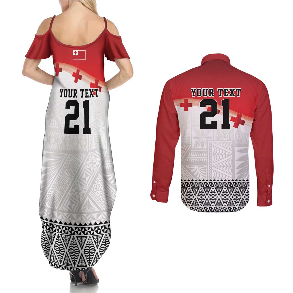 Ikale Tahi Pacific Tonga Rugby Custom Couples Matching Summer Maxi Dress and Long Sleeve Button Shirt Tongan Ngatu with Flag Pattern