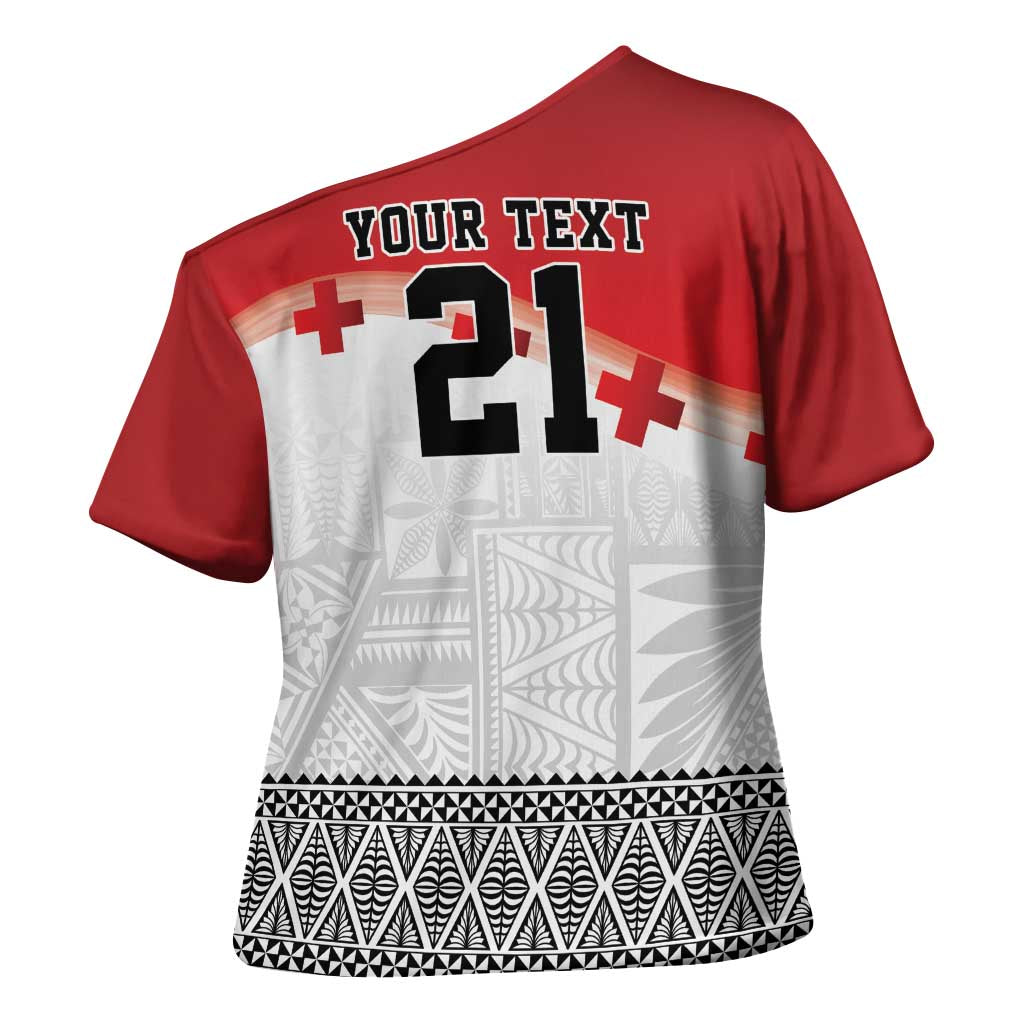 Ikale Tahi Pacific Tonga Rugby Custom Cross Shoulder Shirt Tongan Ngatu with Flag Pattern - Polynesian Pride