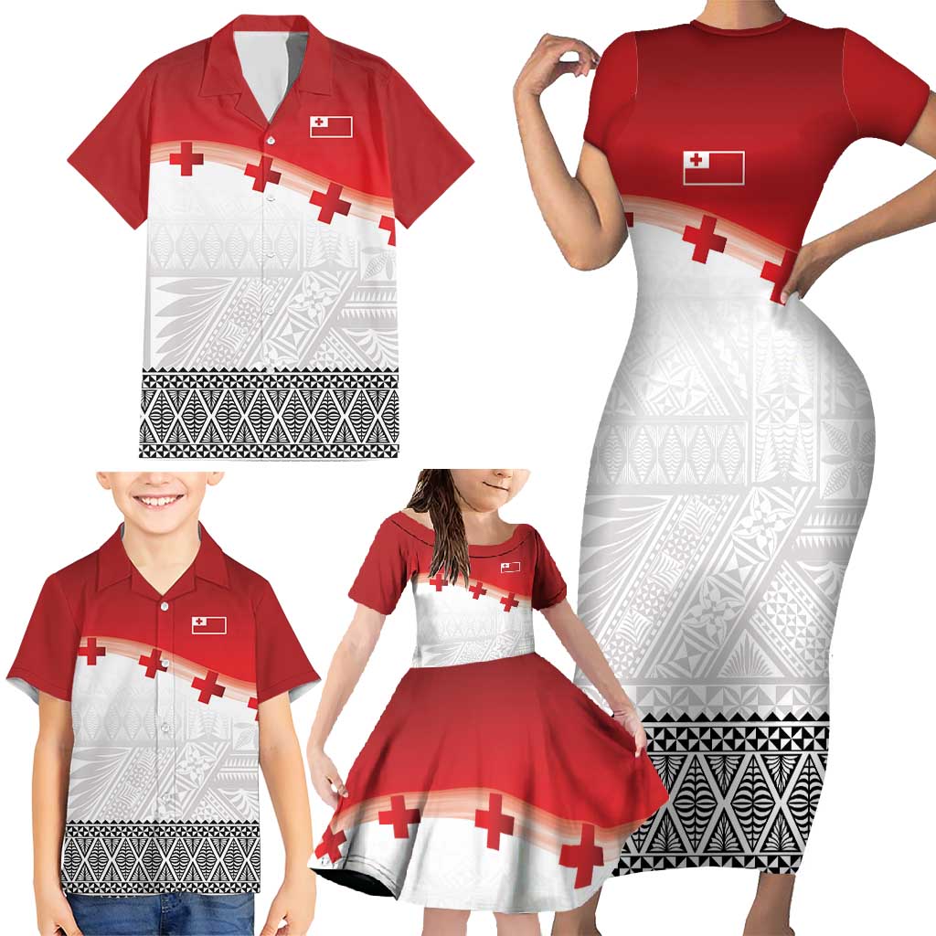 Ikale Tahi Pacific Tonga Rugby Custom Family Matching Short Sleeve Bodycon Dress and Hawaiian Shirt Tongan Ngatu with Flag Pattern