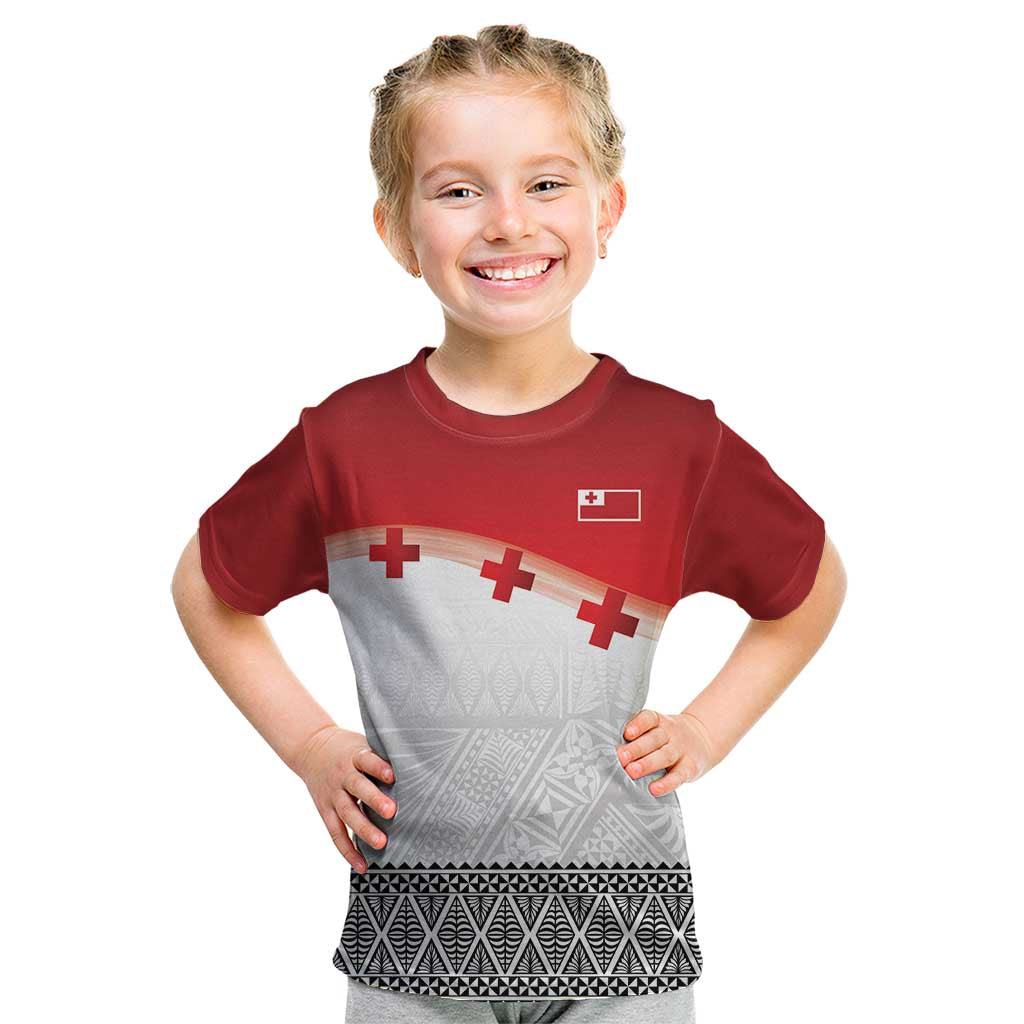 Ikale Tahi Pacific Tonga Rugby Custom Kid T Shirt Tongan Ngatu with Flag Pattern