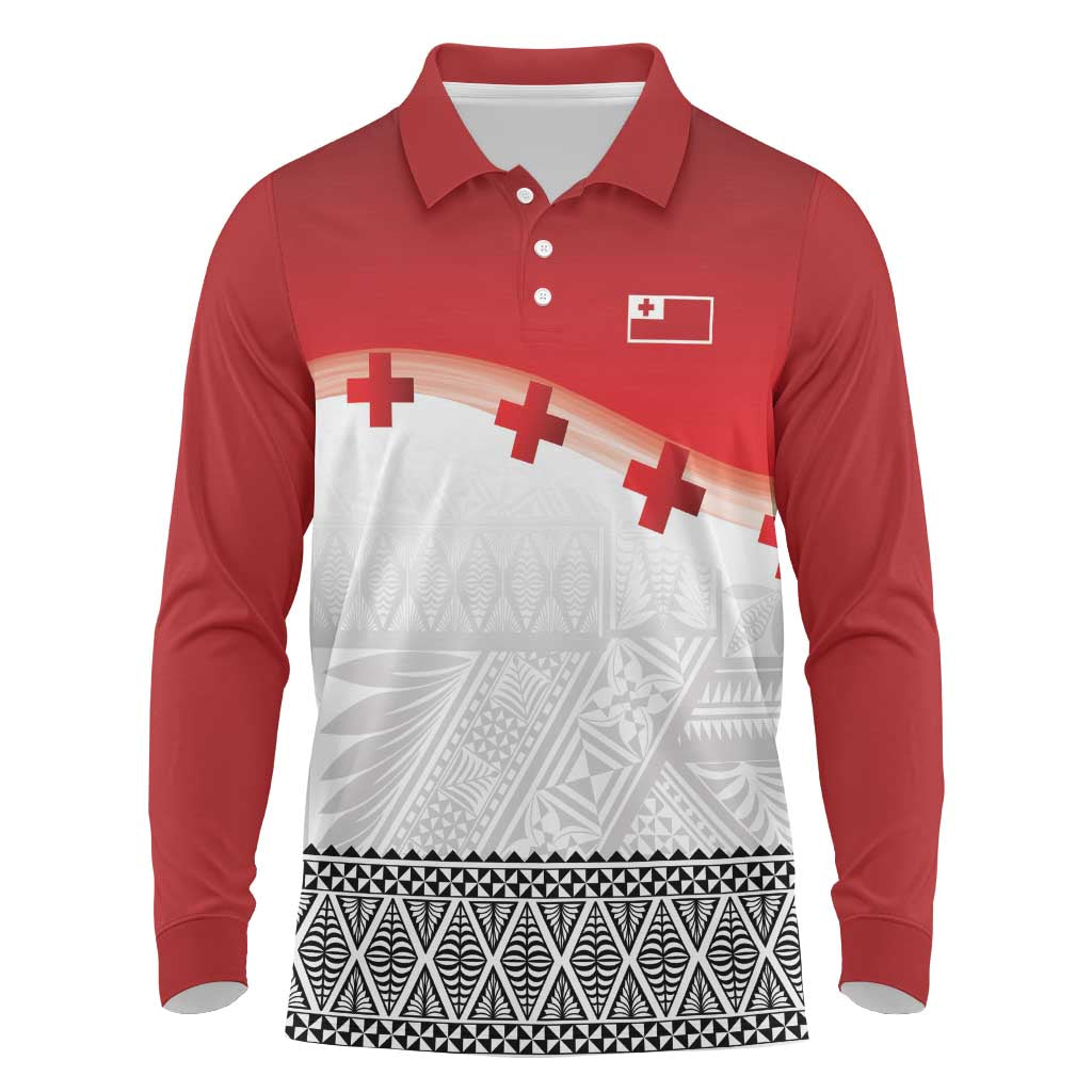 Ikale Tahi Pacific Tonga Rugby Custom Long Sleeve Polo Shirt Tongan Ngatu with Flag Pattern