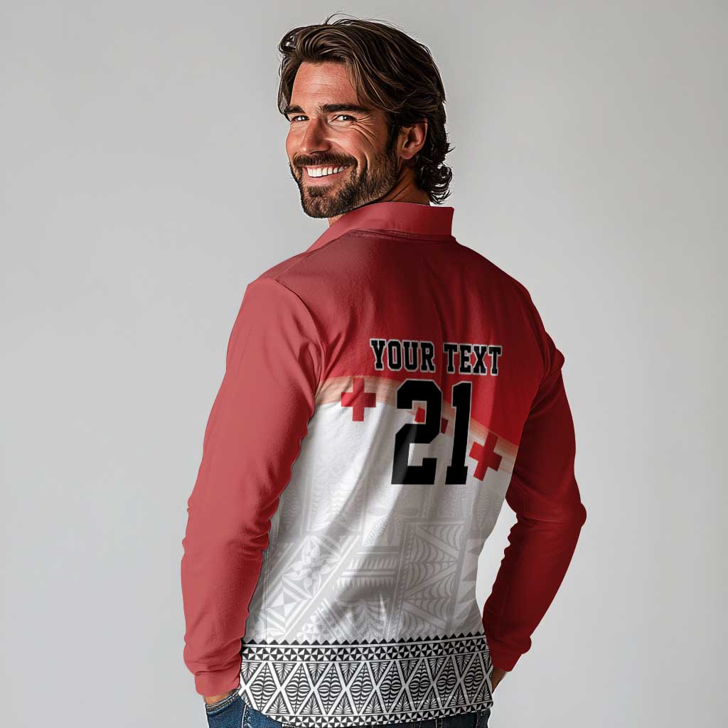 Ikale Tahi Pacific Tonga Rugby Custom Long Sleeve Polo Shirt Tongan Ngatu with Flag Pattern