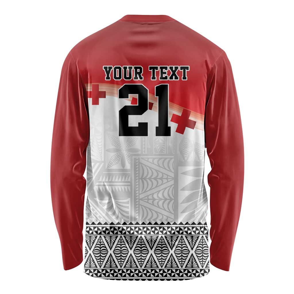 Ikale Tahi Pacific Tonga Rugby Custom Long Sleeve Shirt Tongan Ngatu with Flag Pattern