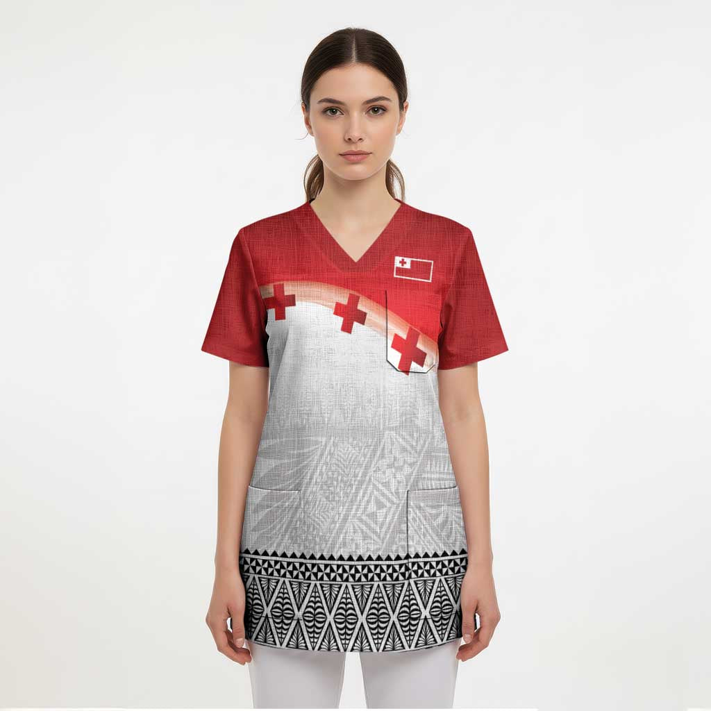 Ikale Tahi Pacific Tonga Rugby Custom Scrub Top Tongan Ngatu with Flag Pattern - Polynesian Pride