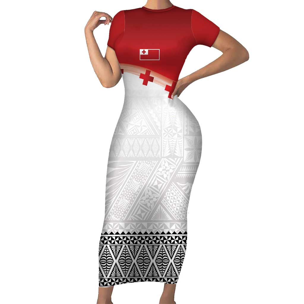 Ikale Tahi Pacific Tonga Rugby Custom Short Sleeve Bodycon Dress Tongan Ngatu with Flag Pattern