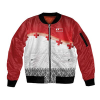 Ikale Tahi Pacific Tonga Rugby Custom Sleeve Zip Bomber Jacket Tongan Ngatu with Flag Pattern