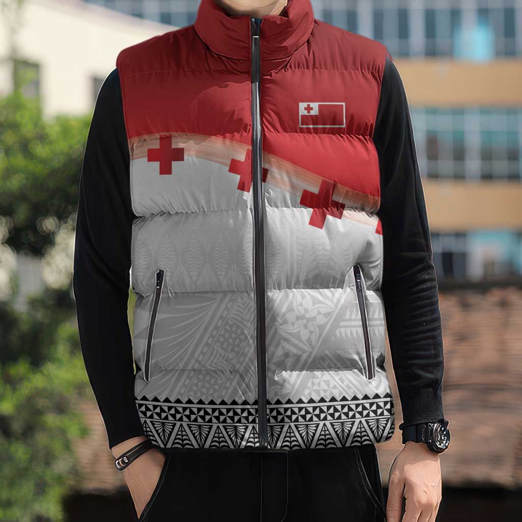 Ikale Tahi Pacific Tonga Rugby Custom Sleeveless Puffer Jacket Tongan Ngatu with Flag Pattern - Polynesian Pride