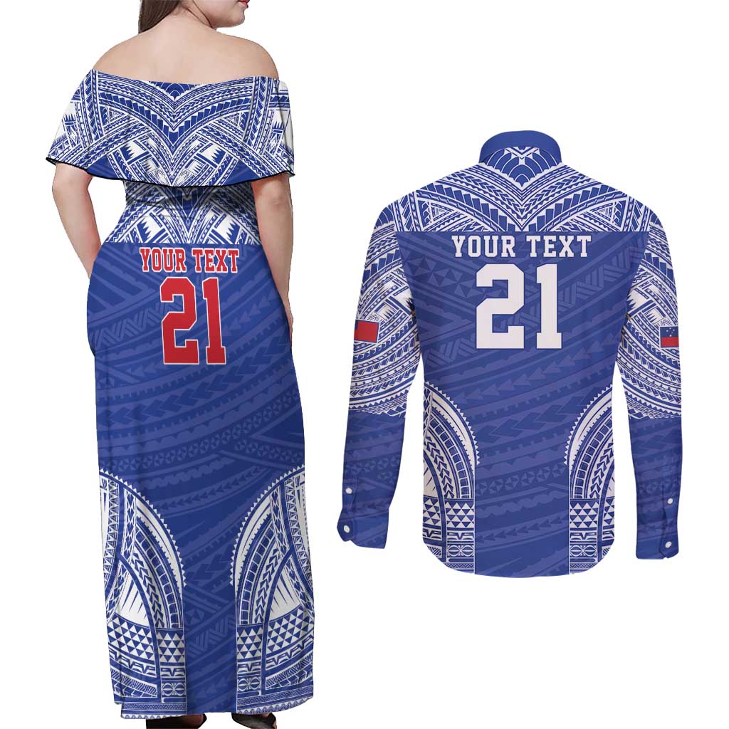 Manu Samoa Pacific Samoa Rugby Custom Couples Matching Off Shoulder Maxi Dress and Long Sleeve Button Shirt Polynesian Pattern