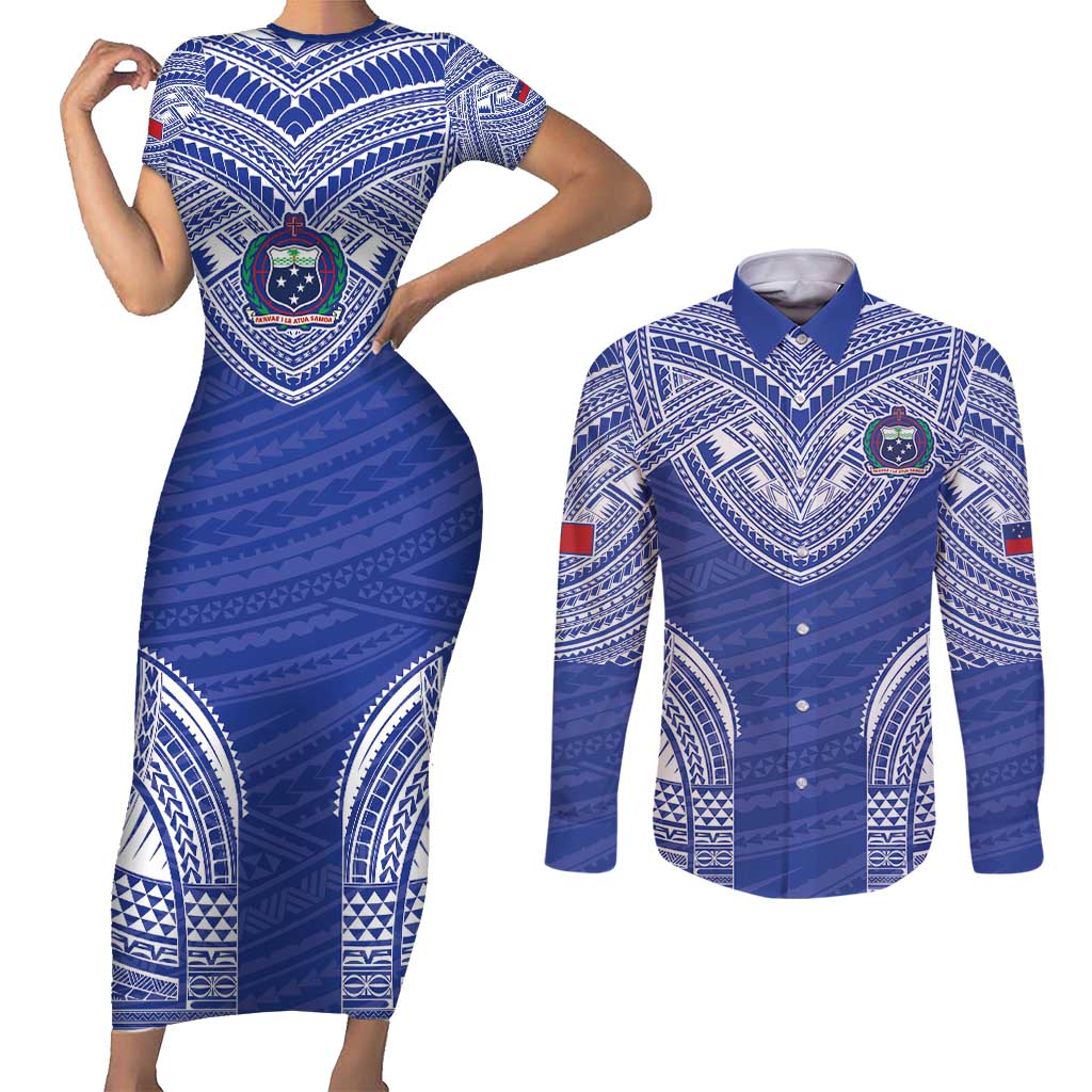 Manu Samoa Pacific Samoa Rugby Custom Couples Matching Short Sleeve Bodycon Dress and Long Sleeve Button Shirt Polynesian Pattern