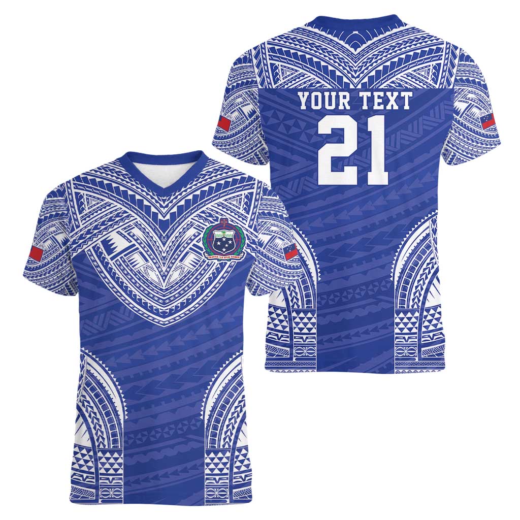 Manu Samoa Pacific Samoa Rugby Custom Women V-Neck T-Shirt Polynesian Pattern