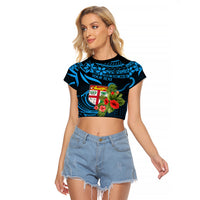 Custom Fiji Islands Raglan Cropped T Shirt With Polynesian Tribal Happy National Day LT9 Female Blue - Polynesian Pride