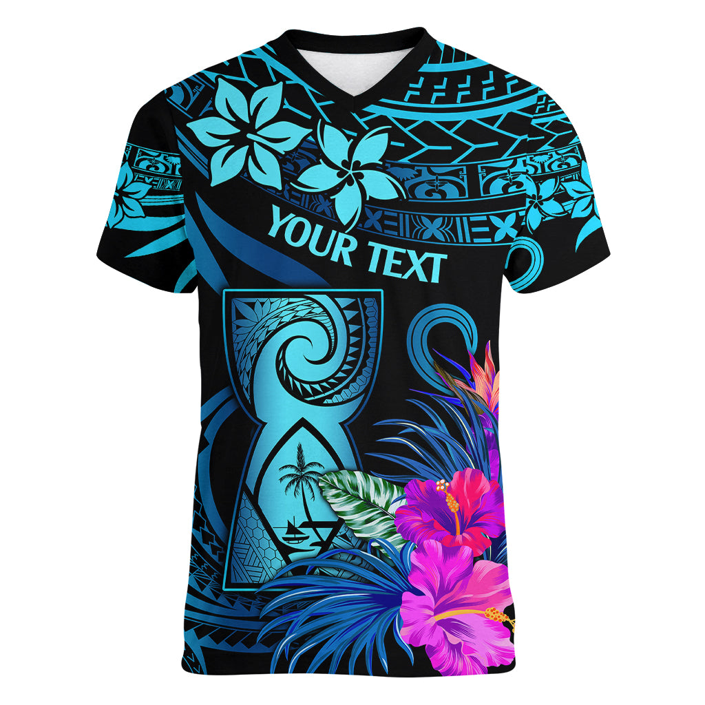 Custom Polynesian Guam Women V Neck T Shirt With Latte Stone Happy Liberation Day LT9 Female Blue - Polynesian Pride