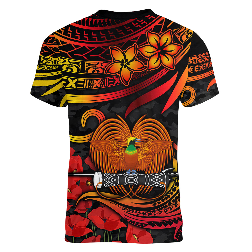 PNG Remembrance Day Women V Neck T Shirt Polynesian Tribal and Poppy LT9 - Polynesian Pride