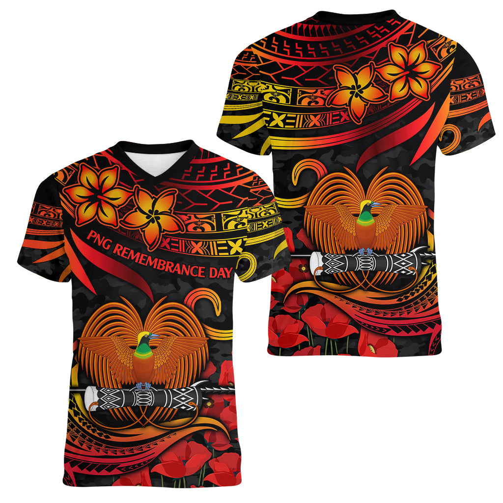 PNG Remembrance Day Women V Neck T Shirt Polynesian Tribal and Poppy LT9 - Polynesian Pride