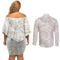 Tokelau Gardenia Thunbergia Couples Matching Off Shoulder Short Dress and Long Sleeve Button Shirt Black Polynesian Art Vibe