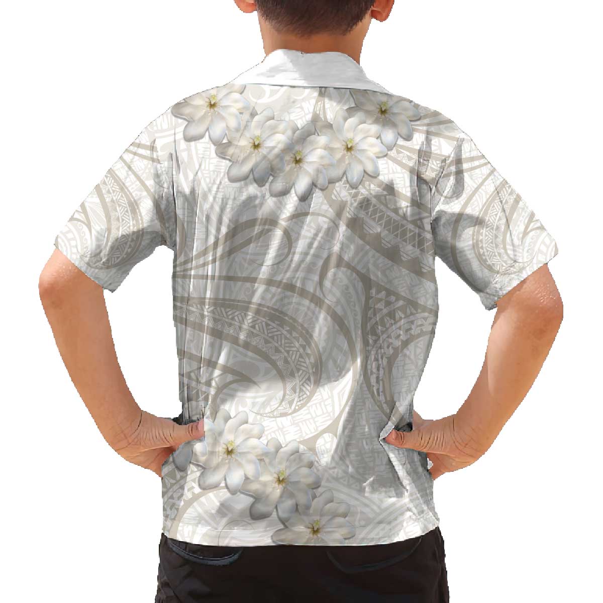 Tokelau Gardenia Thunbergia Family Matching Off The Shoulder Long Sleeve Dress and Hawaiian Shirt Black Polynesian Art Vibe