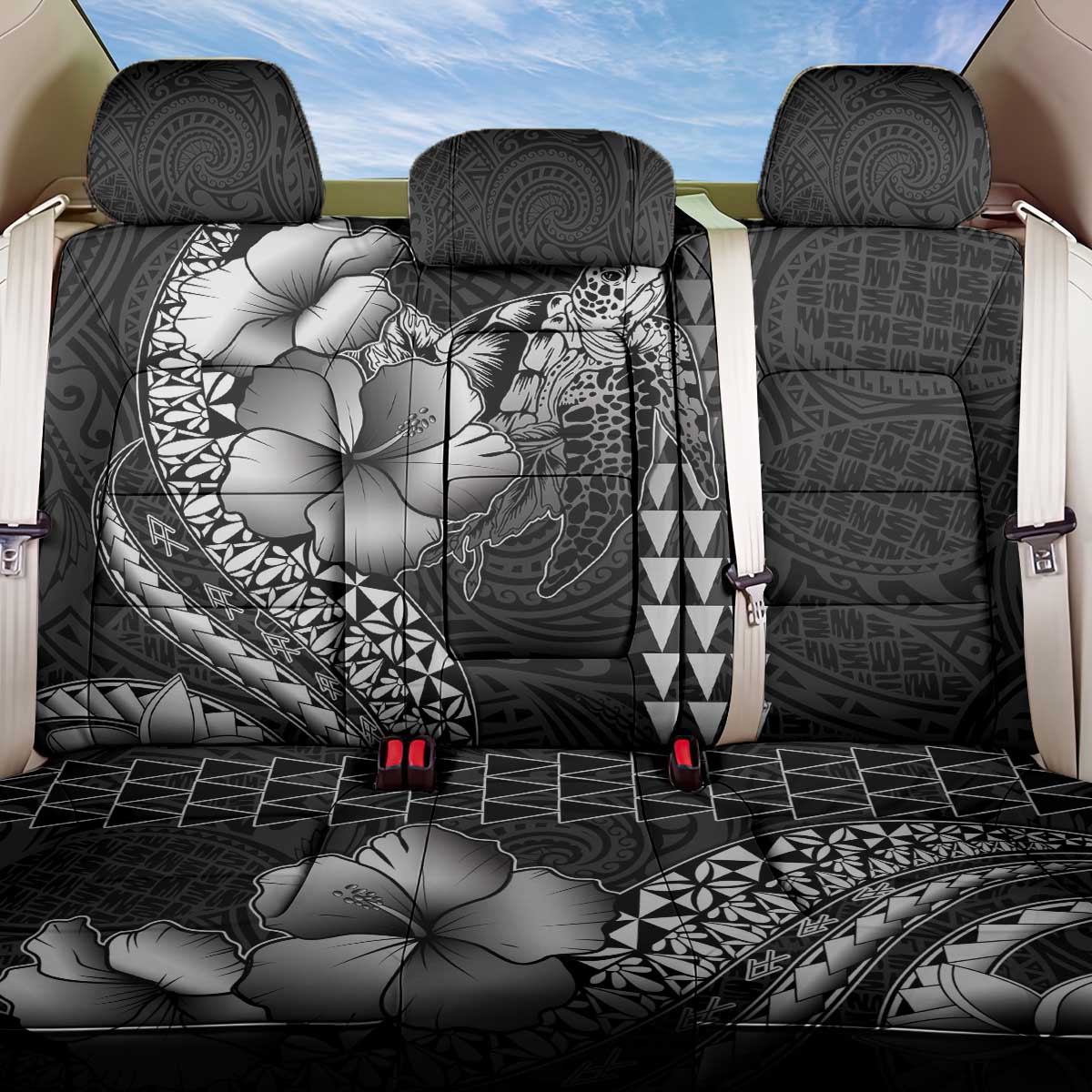 Hawaiian Sea Turtle Back Car Seat Cover Black Hibiscus Flowers and Kakau Pattern