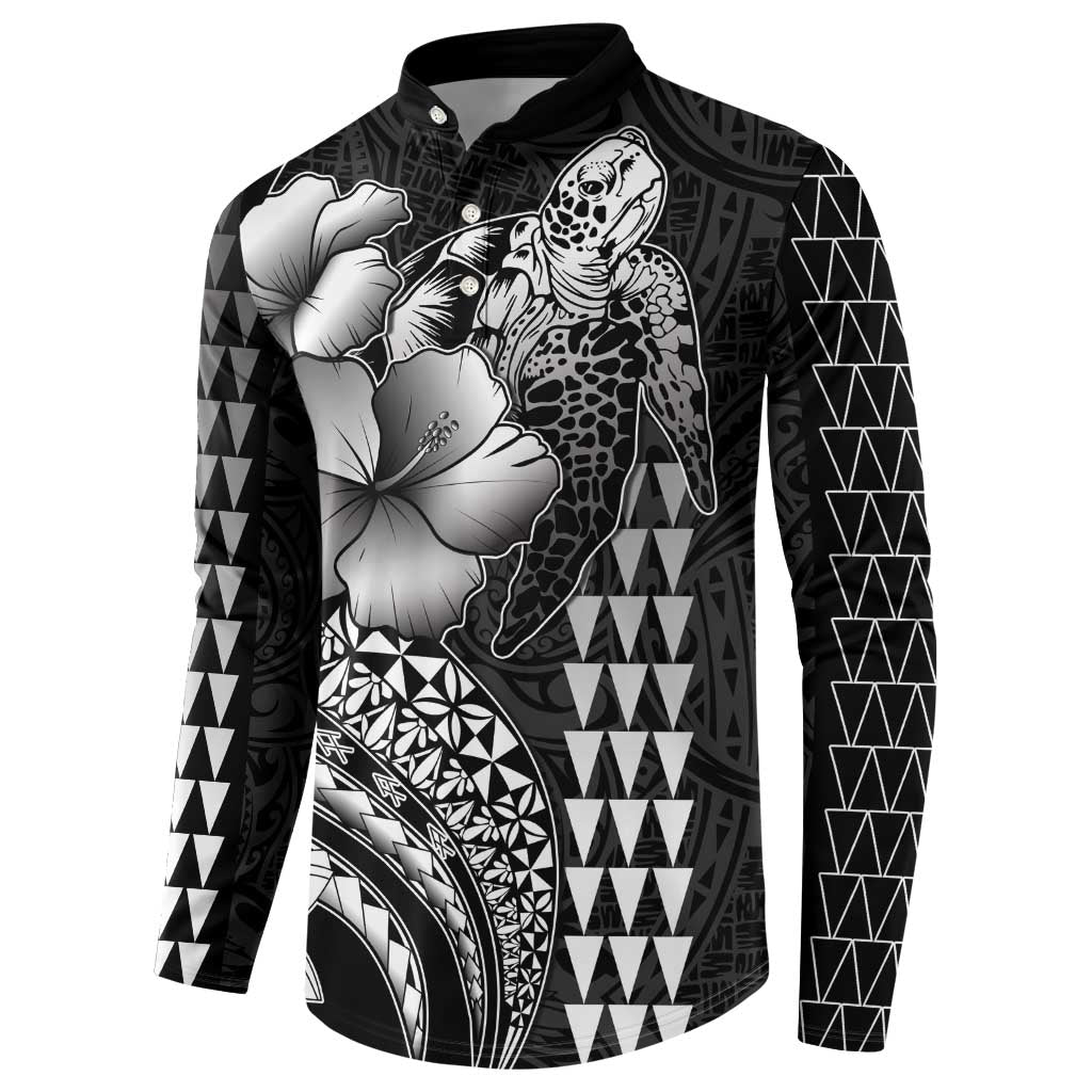 Hawaiian Sea Turtle Button Sweatshirt Black Hibiscus Flowers and Kakau Pattern