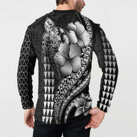 Hawaiian Sea Turtle Button Sweatshirt Black Hibiscus Flowers and Kakau Pattern
