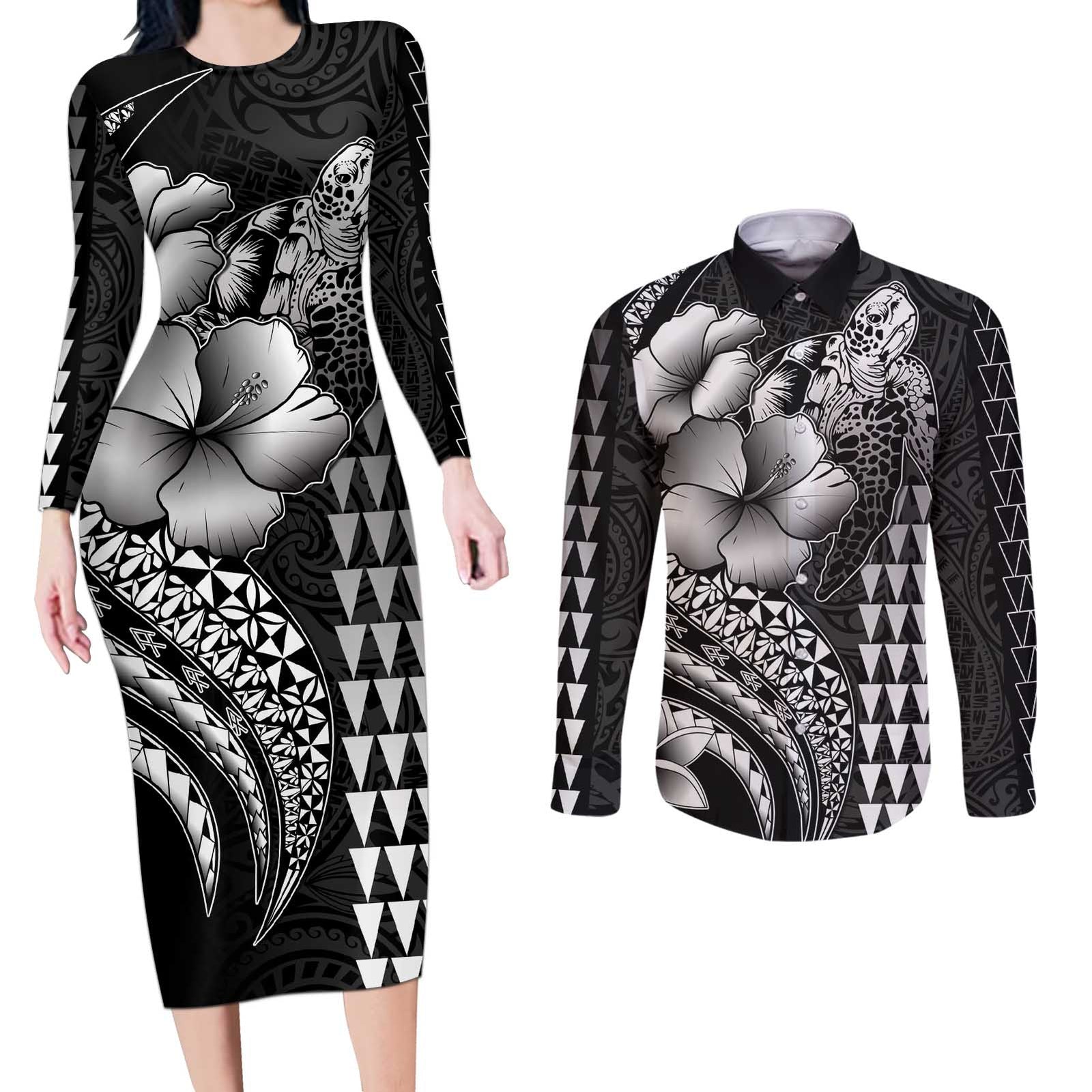 Hawaiian Sea Turtle Couples Matching Long Sleeve Bodycon Dress and Long Sleeve Button Shirt Black Hibiscus Flowers and Kakau Pattern