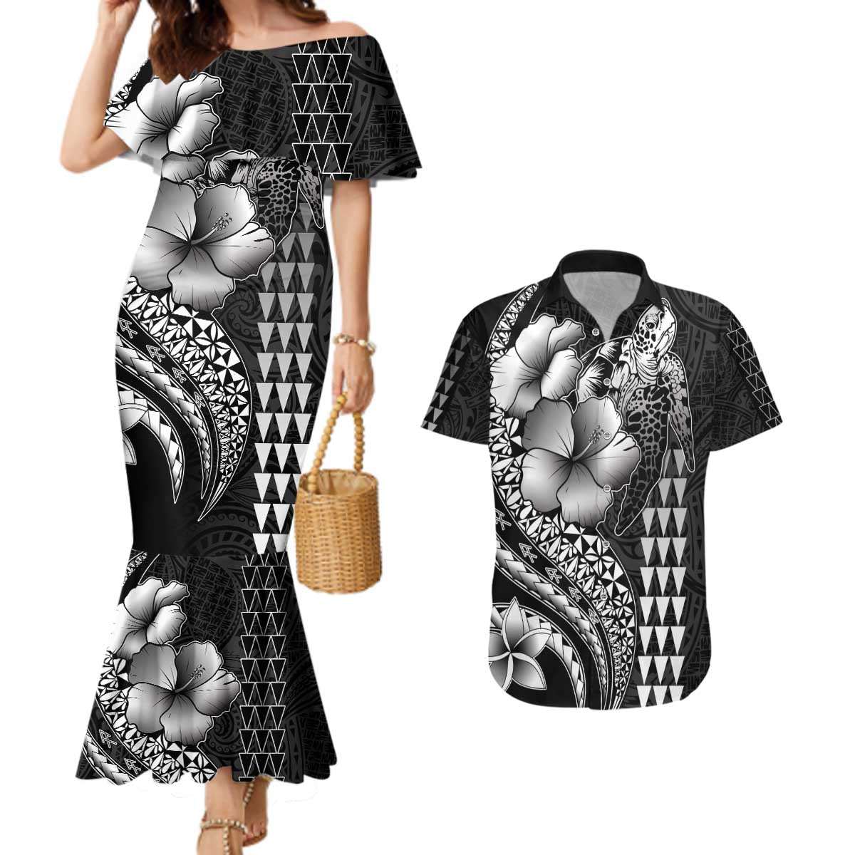 Hawaiian Sea Turtle Couples Matching Mermaid Dress and Hawaiian Shirt Black Hibiscus Flowers and Kakau Pattern