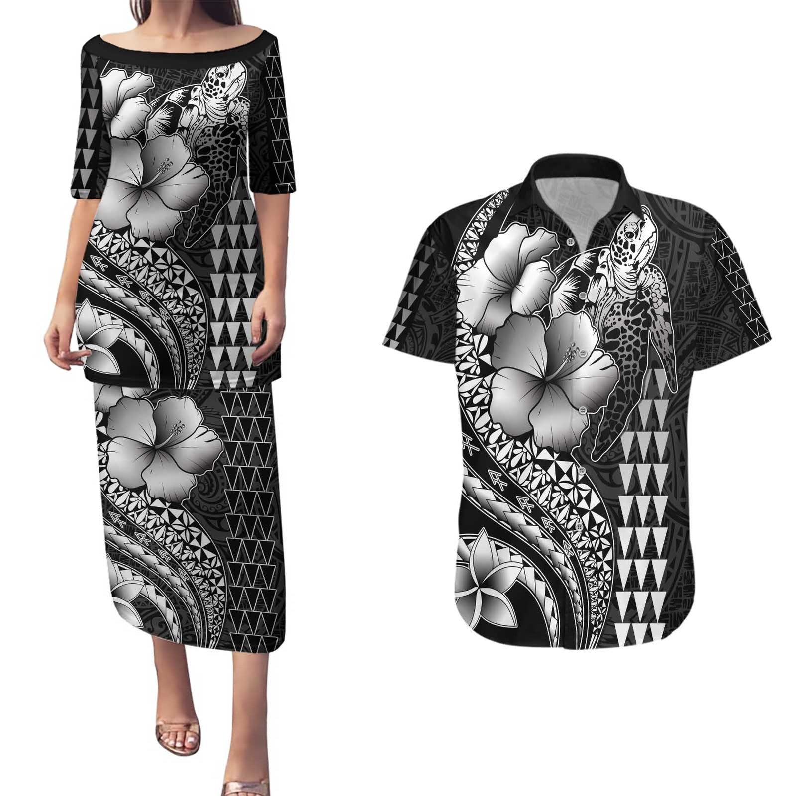 Hawaiian Sea Turtle Couples Matching Puletasi and Hawaiian Shirt Black Hibiscus Flowers and Kakau Pattern