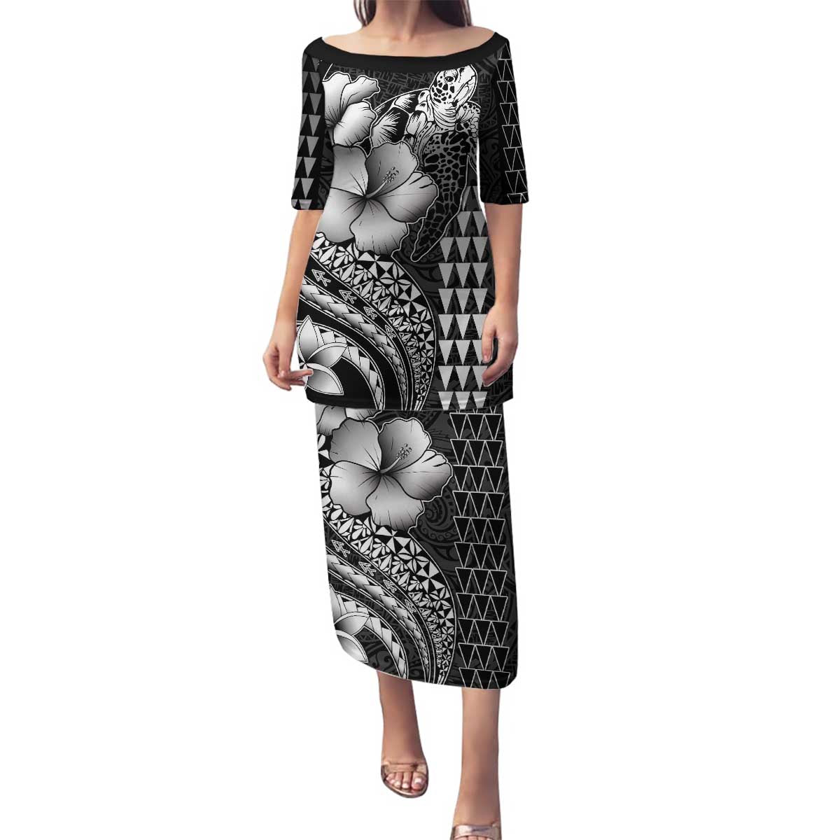 Hawaiian Sea Turtle Family Matching Puletasi and Hawaiian Shirt Black Hibiscus Flowers and Kakau Pattern