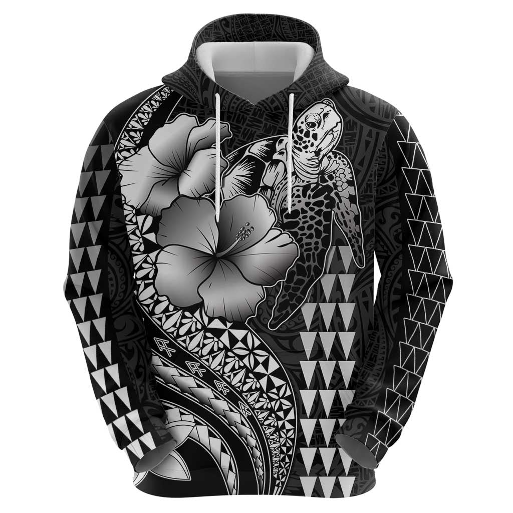 Hawaiian Sea Turtle Hoodie Black Hibiscus Flowers and Kakau Pattern