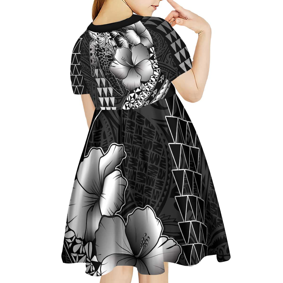 Hawaiian Sea Turtle Kid Short Sleeve Dress Black Hibiscus Flowers and Kakau Pattern