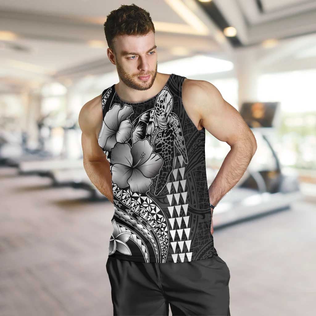 Hawaiian Sea Turtle Men Tank Top Black Hibiscus Flowers and Kakau Pattern