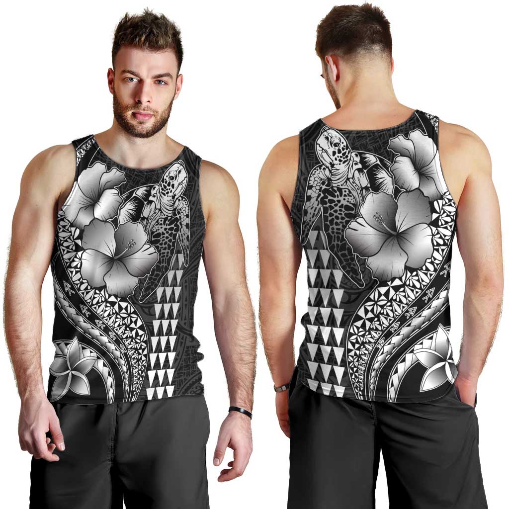Hawaiian Sea Turtle Men Tank Top Black Hibiscus Flowers and Kakau Pattern