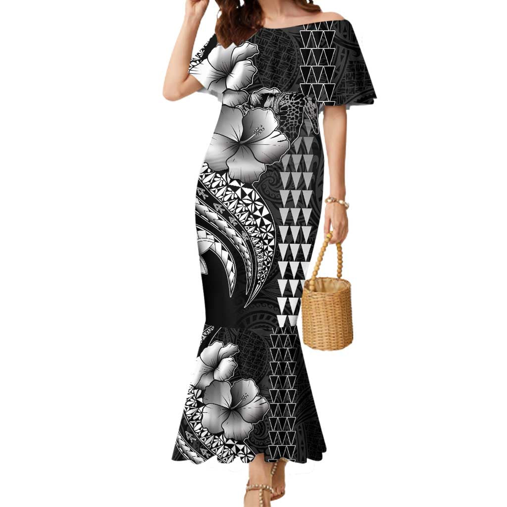 Hawaiian Sea Turtle Mermaid Dress Black Hibiscus Flowers and Kakau Pattern