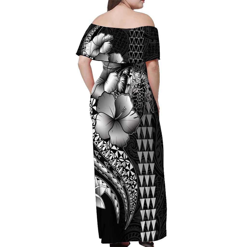 Hawaiian Sea Turtle Off Shoulder Maxi Dress Black Hibiscus Flowers and Kakau Pattern