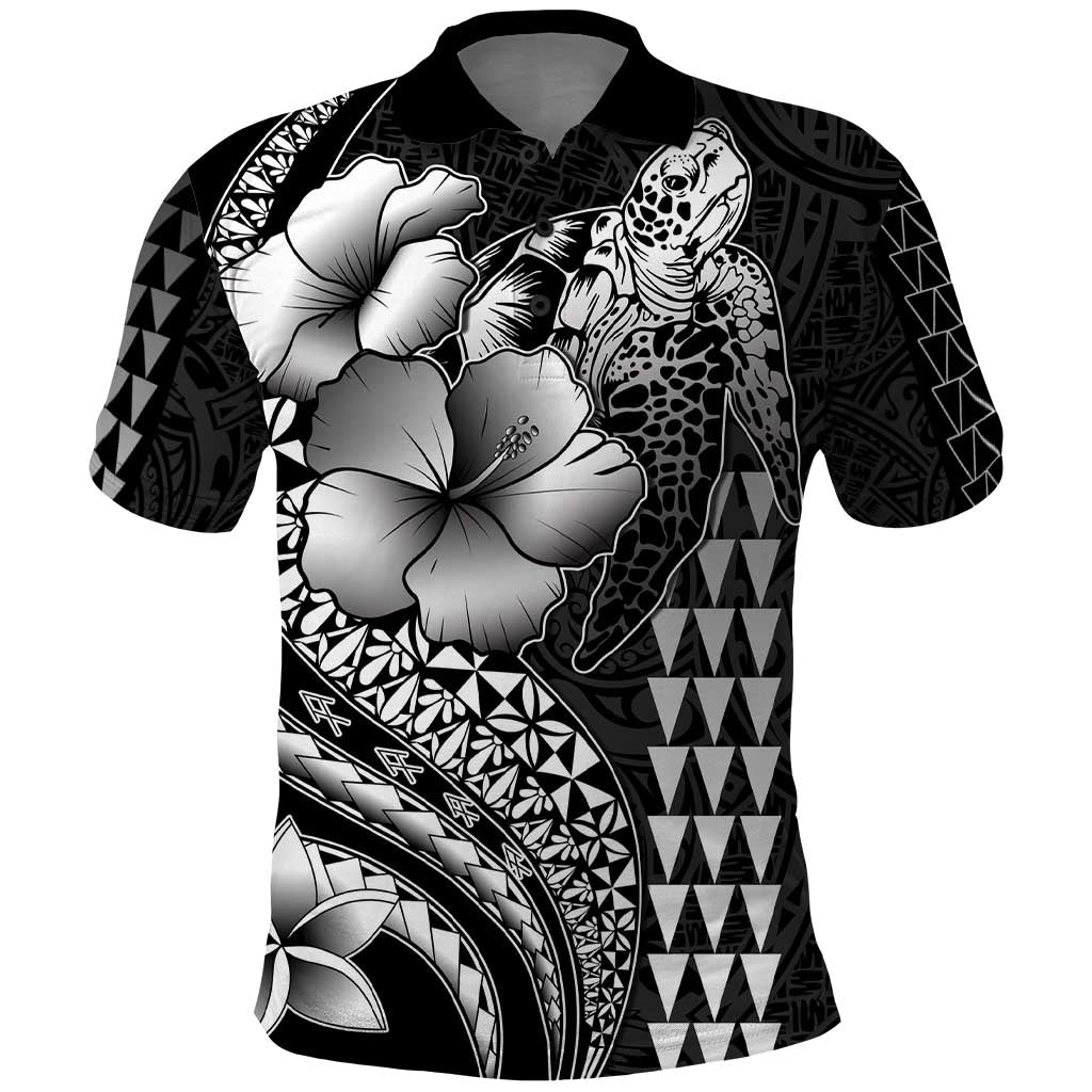 Hawaiian Sea Turtle Polo Shirt Black Hibiscus Flowers and Kakau Pattern