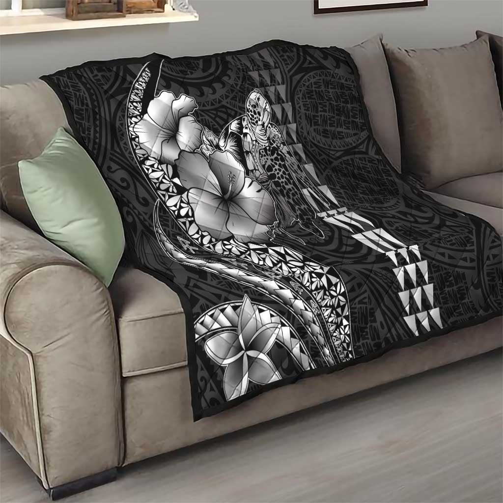 Hawaiian Sea Turtle Quilt Black Hibiscus Flowers and Kakau Pattern