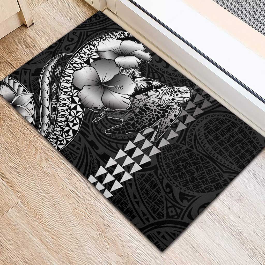 Hawaiian Sea Turtle Rubber Doormat Black Hibiscus Flowers and Kakau Pattern