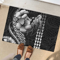 Hawaiian Sea Turtle Rubber Doormat Black Hibiscus Flowers and Kakau Pattern