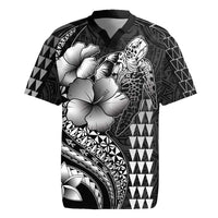 Hawaiian Sea Turtle Rugby Jersey Black Hibiscus Flowers and Kakau Pattern