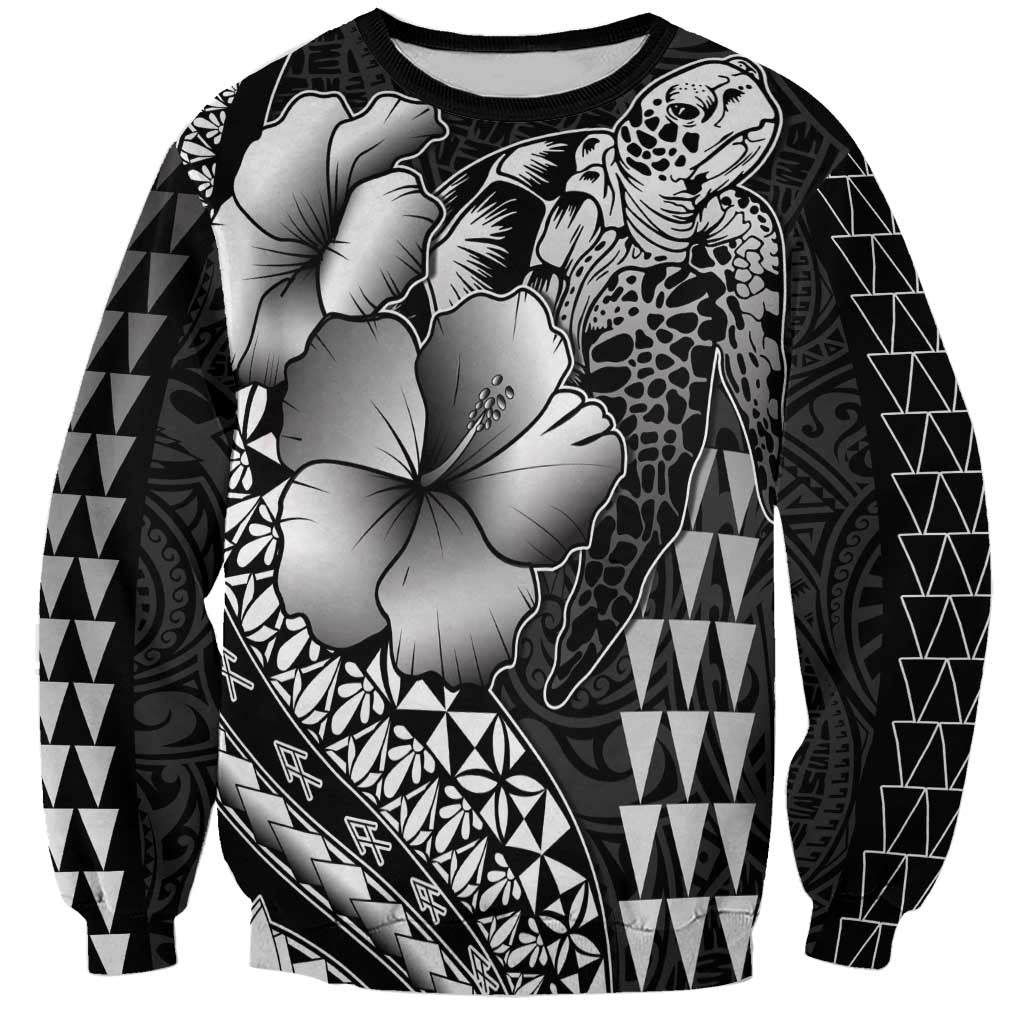 Hawaiian Sea Turtle Sweatshirt Black Hibiscus Flowers and Kakau Pattern