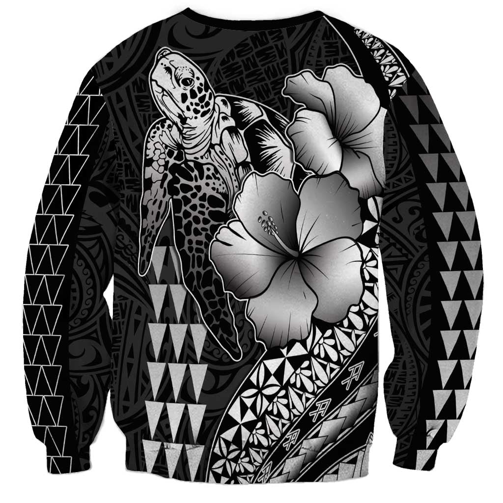 Hawaiian Sea Turtle Sweatshirt Black Hibiscus Flowers and Kakau Pattern